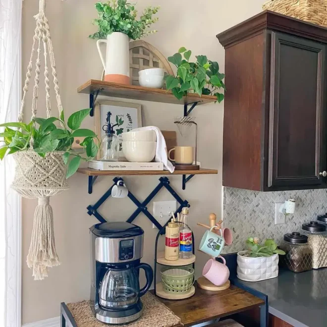 Small boho Coffee Corner nook with wodden Shelf with decoration ideas