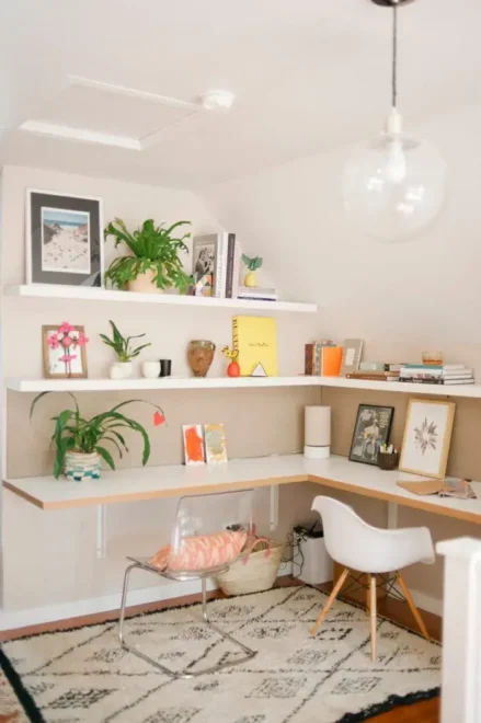 small 2 Seat Unused corner home office on a budget with White Shelf for storage