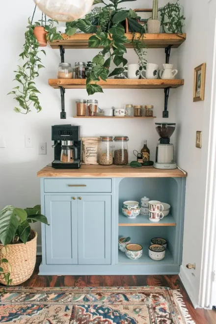 Think Natural Multifunctional coffee bar cabinet with wodden Shelfs with plants on top