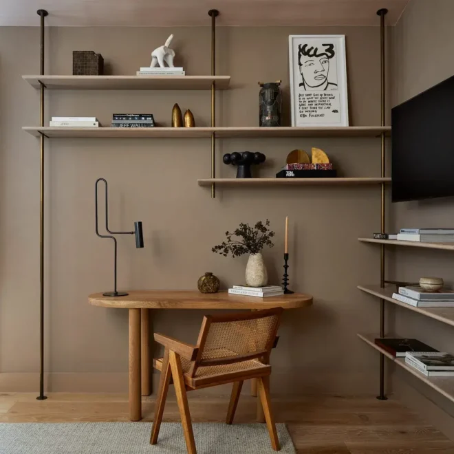 Creative home office makeover with Muted Colors and Shelf for Storage