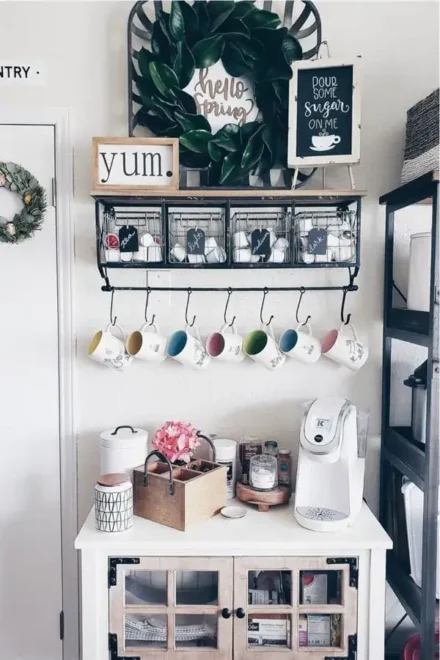 Wall Mounted Coffee Bar with Hanging cups