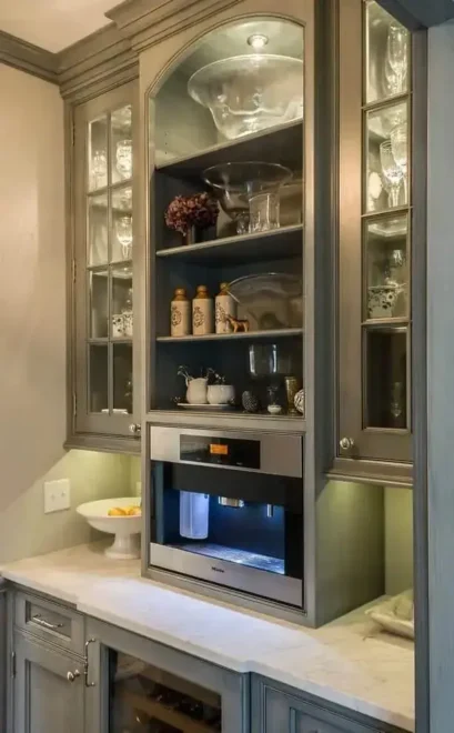 Cute Modern Glass Coffee Bar Cabinet with Oven in middle and wine space