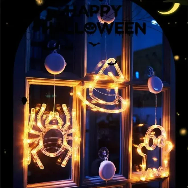 Neon halloween window light up decorations skull spider Boo