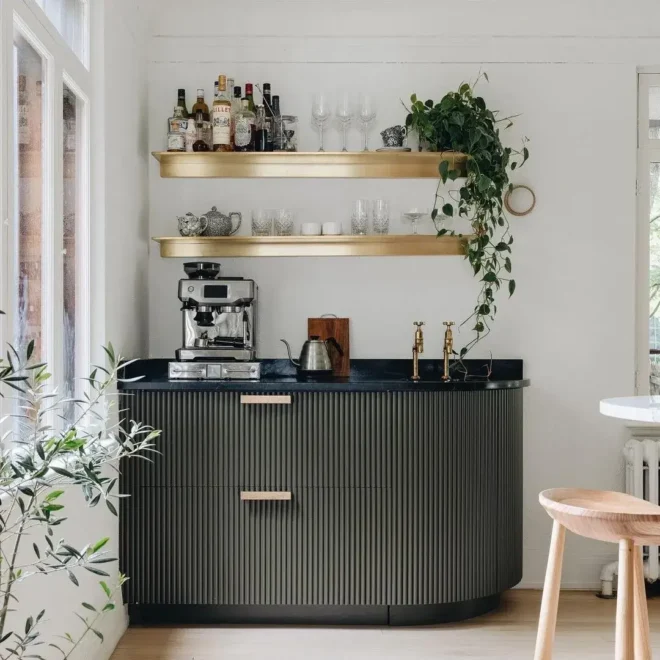 Black modern Coffee stations with golden Shelves