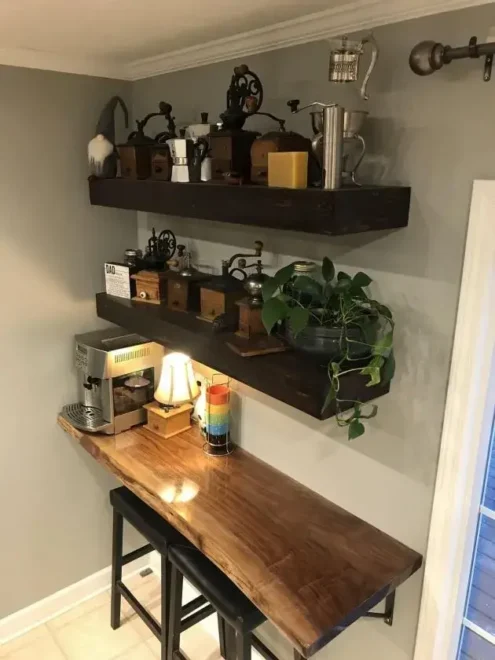 Corner Floating Wooden Shelves with chair and coffee bar with machine