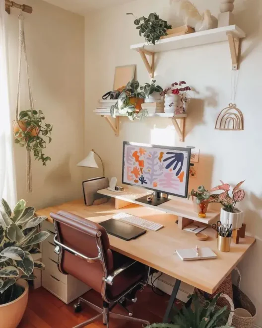 home office Positive Greens decorating ideas with wall Shelfs near window