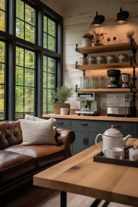 Rustic elegance Coffee bar in living room with sofa near window