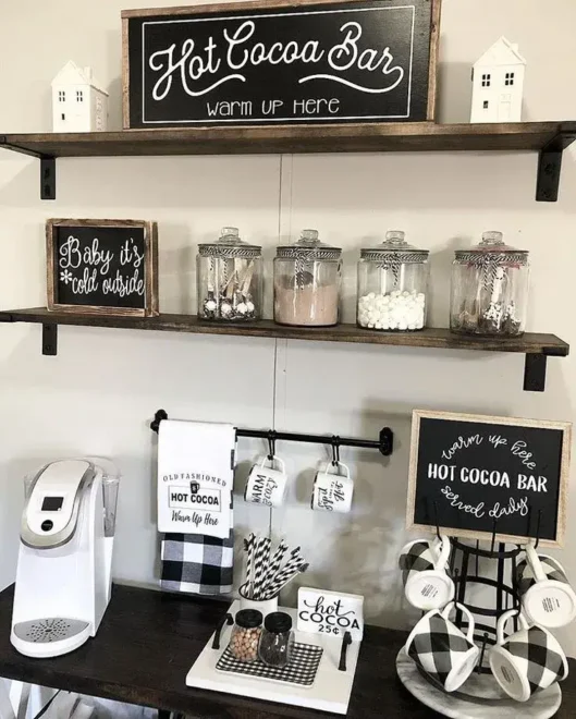 modern Single Shelf Coffee Bar for small spaces with wooden Shelfs and signs