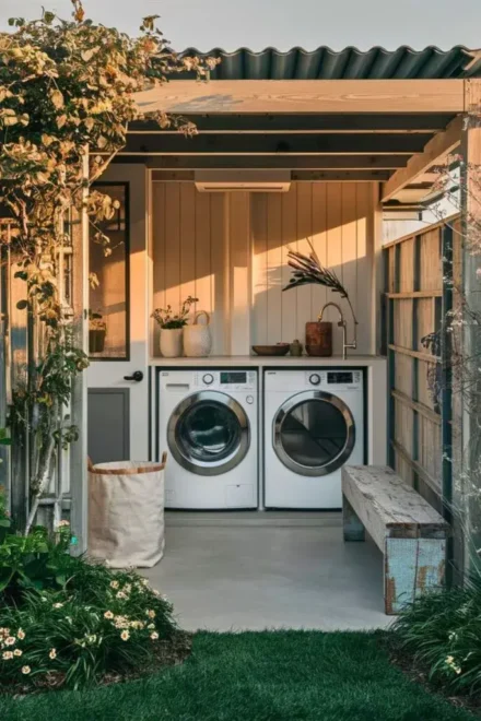 Outdoor laundry area with white appliances, shelves holding plants and decor, a translucent wall, and a wooden bench.