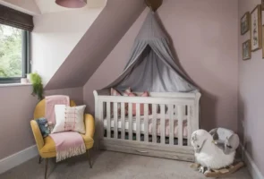 Cozy gender-neutral nursery with a white crib and canopy, yellow armchair, and plush rocking toy. Perfect for small nursery design ideas.