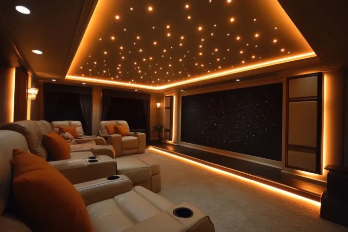 Upscale home theater room with tiered plush beige reclining seats, built-in cup holders, soft orange lighting, and a starry sky effect on the ceiling, creating an immersive movie-watching environment perfect for basement home theater