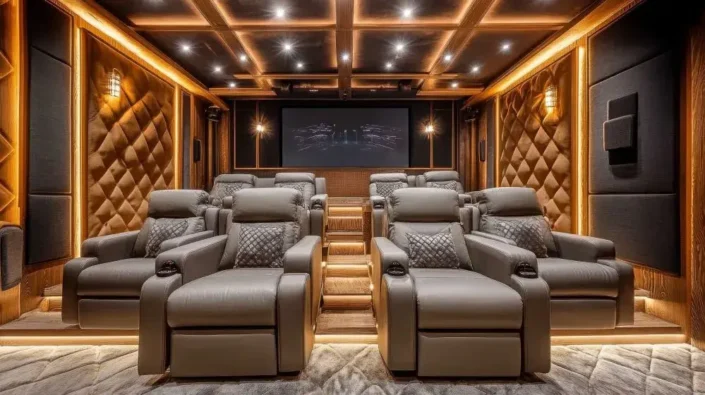 Luxurious home theater room with tiered plush reclining chairs, padded diamond-stitched wall panels, intricate lighting fixtures, and a large screen, creating a high-end entertainment experience perfect for basement movie theater